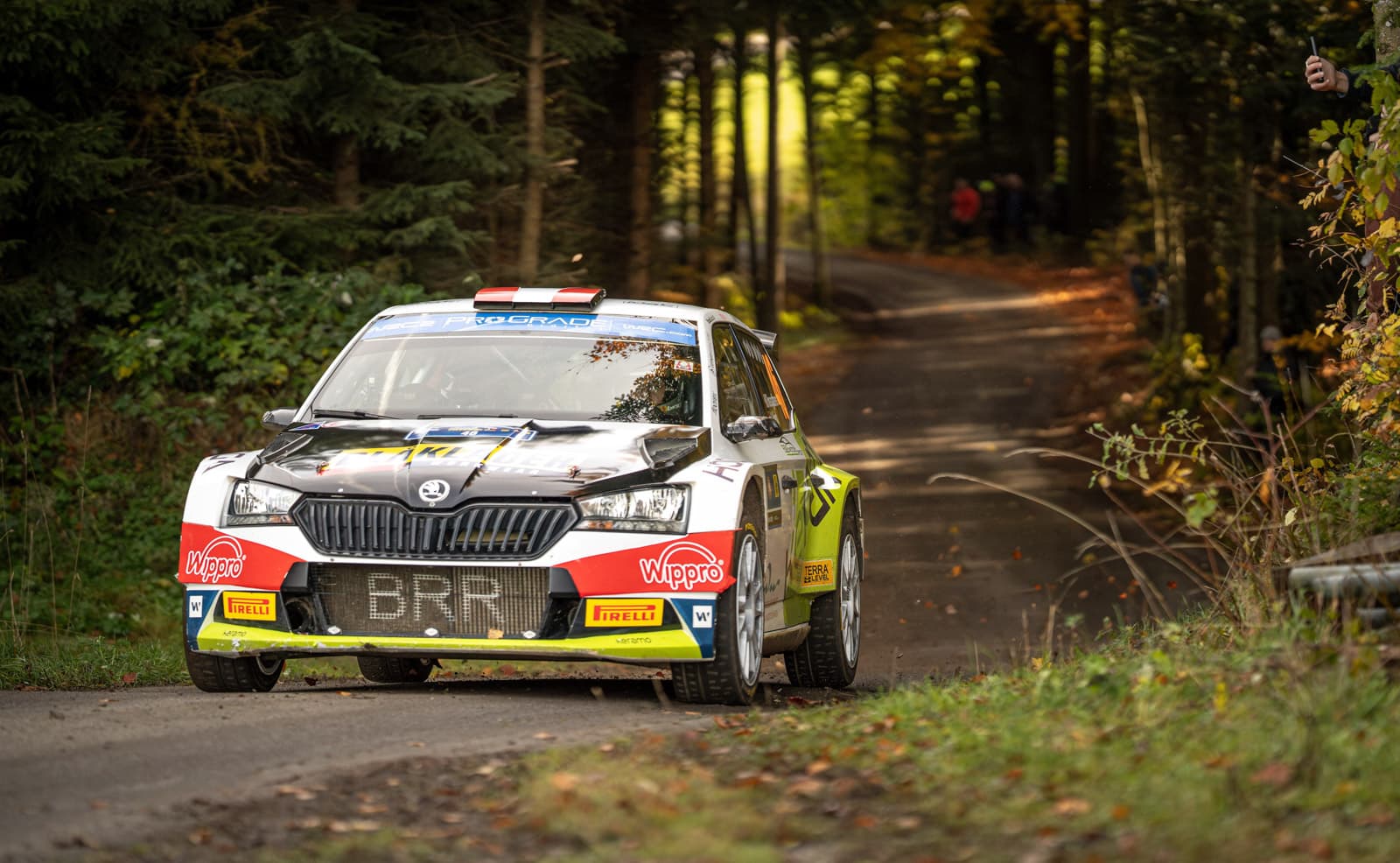 Skoda Fabia Rallye-Auto mit gelb-roter Lackierung im herbstlichen Nadelwald