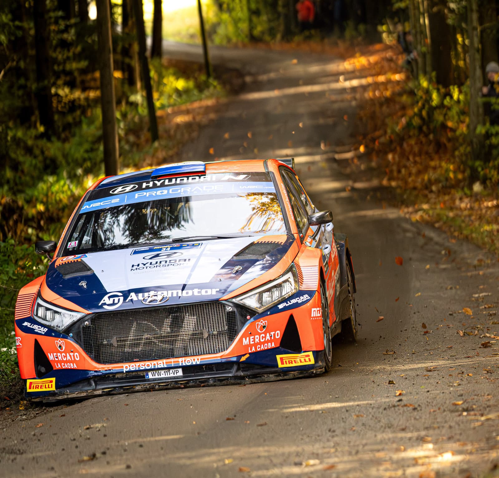 Orange-blaues Hyundai-Rallye-Auto auf engem Waldweg, Herbstlaub am Boden